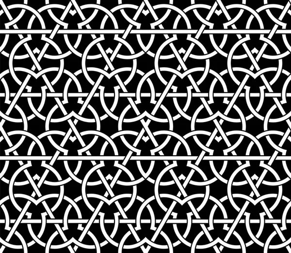 Seamless pattern with overlapping geometric shapes forming abstract ornament. Vector stylish texture in black and white color. Ethnic line islamic pattern — Stock Vector