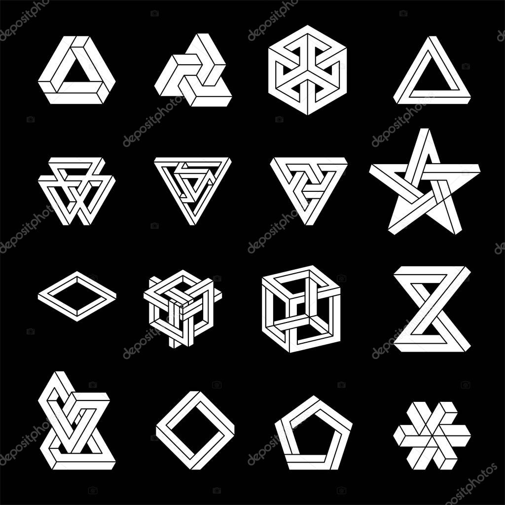 Set of impossible shapes. Optical Illusion. Vector Illustration isolated on white. Sacred geometry. White shapes. on a black background.