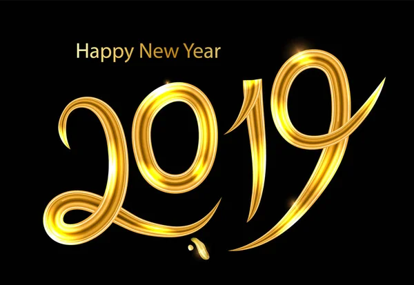 2019 altın yeni yıl işareti siyah zemin üzerine altın glitter ile. Vektör yeni yıl çizim. Happy New Year Banner 2019 numaraları ile. Altın hat yazı. Vektör. — Stok Vektör