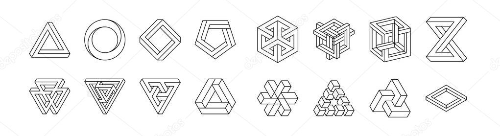Set of impossible shapes. Optical Illusion. Vector Illustration isolated on white. Sacred geometry. Black lines on a white background.