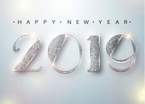 Boldog új évet 2019 üdvözlés kártya-val ezüst számok a fehér háttér előtt. Vektoros illusztráció. Boldog karácsonyt szórólap és plakát Design. Eps Vector 10. — Stock Vector