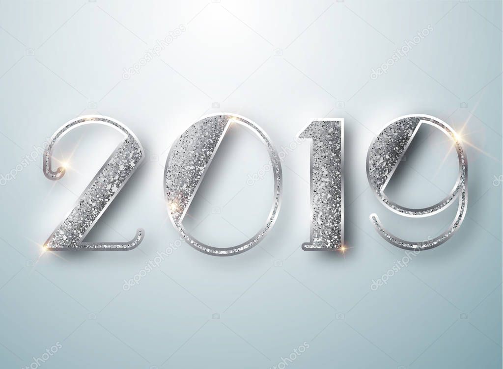 Happy New Year 2019 Greeting Card with Silver Numbers on White Background. Vector Illustration. Merry Christmas Flyer or Poster Design. Vector 10 EPS.
