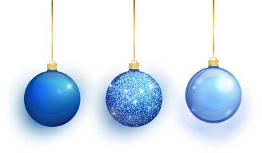 Mavi Noel ağacı oyuncak izole üzerinde beyaz arka plan ayarlayın. Noel süslemeleri çorap. Vektör nesnesi için Noel tasarım, mockup. Gerçekçi nesne illüstrasyon 10 Eps vektör.