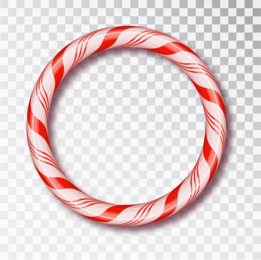 Noel şekeri çerçevesi izole yuvarlak. Boş Noel tasarım, gerçekçi kırmızı ve beyaz kordon çerçeve bükülmüş. Yeni yıl 2019. Tatil tasarım, dekor. Vektör çizim.