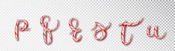 Kerst candy cane belettering. Lettertype instellen met karamel brief - p, q, r, s, t, u. Sweet 3d alfabet geïsoleerd. Vector illustratie 10 Eps — Stockvector