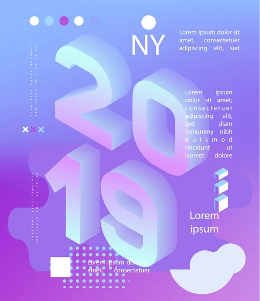 2019 ネオン ホログラフィック メンフィス スタイル。2019 番号バナー。新しい年のベクトル図 — ストックベクタ