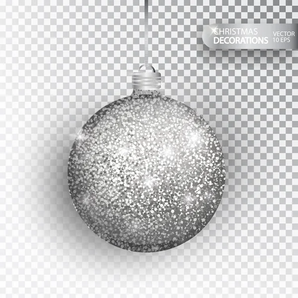 Bola de Navidad brillo de plata aislado en blanco. Brillo brillante textura bal, decoración de vacaciones. Medias decoraciones navideñas. Bola colgante de plata. Ilustración vectorial — Vector de stock