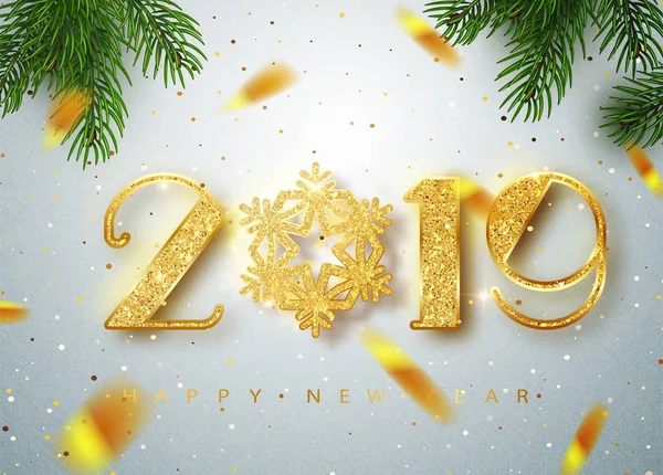2019 boldog új évet. Arany számok tervezése üdvözlőkártya fényes konfetti esik. Shining Gold minta. Boldog új évet Banner 2019 számok a világos háttér. Vektoros illusztráció — Stock Vector