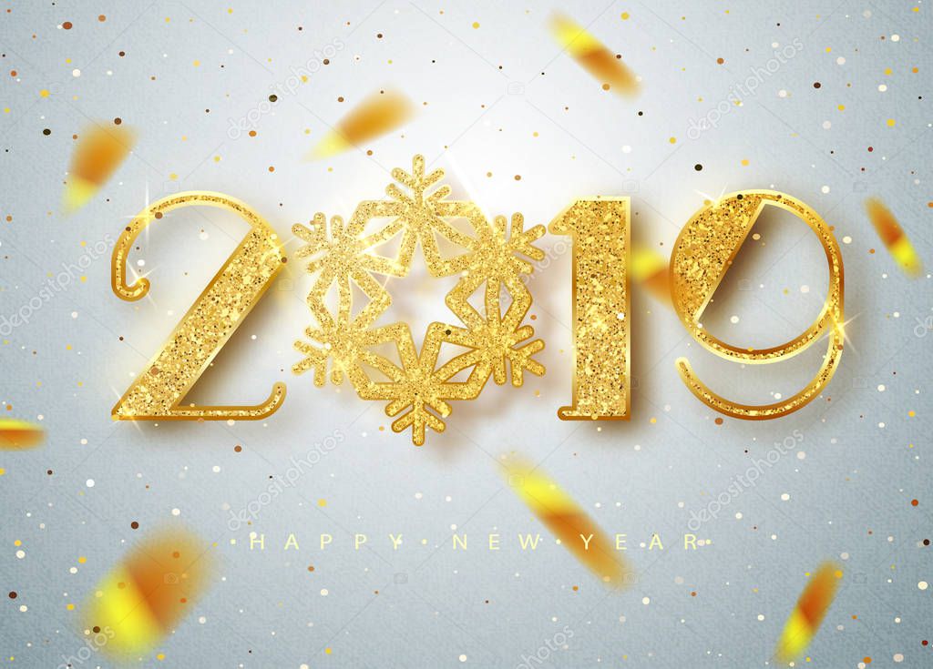 2019 Happy new year. Gold Numbers Design of greeting card of Falling Shiny Confetti. Gold Shining Pattern. Happy New Year Banner with 2019 Numbers on Bright Background. Vector illustration