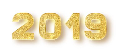 2019 tipografi tasarım numaraları tasarım bir tebrik kartı mutlu yeni yıl tasarım parlayan altın parıltı. Altın parlayan desen. Happy New Year Banner 2019 numaraları ile. Vektör çizim