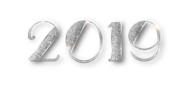 2019 glitter tipografi tasarımı. Gümüş parlak numaraları tasarımı tebrik kartı mutlu yeni yıl tasarım. Gümüş parlayan desen. Happy New Year Banner 2019 numaraları ile. Vektör çizim