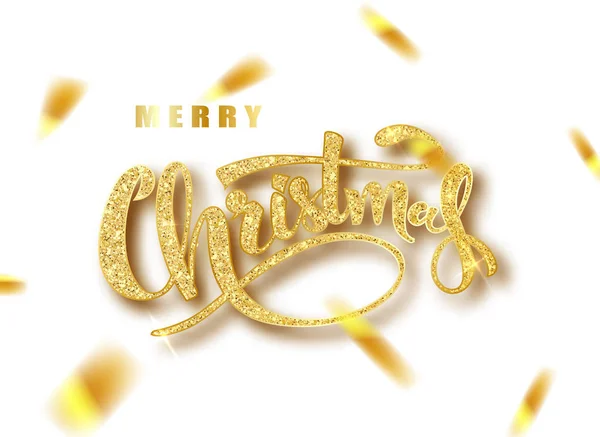 Felicitări de Crăciun cu litere de aur. Golden confett.Hand text desenat, caligrafie pentru design. Caligrafie scriind Anul Nou. Ilustrație vectorială EPS10 . — Vector de stoc