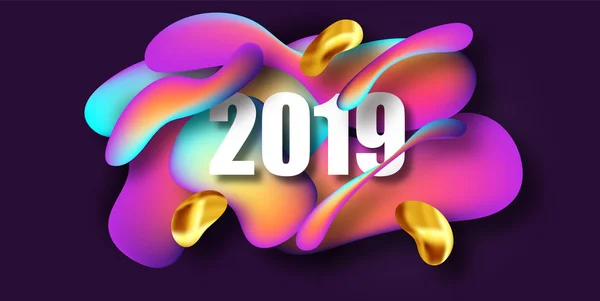 2019 Ano Novo no fundo de um elemento de design de fundo de cor líquida. Composição de formas fluidas. Ilustração vetorial EPS10 — Vetor de Stock
