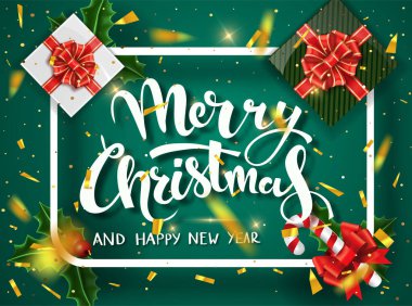Noel yeşil tasarım vektör şablonu. Kaligrafi mutlu Noeller yazı dekore edilmiştir. Noel poster şablonu. Vektör çizim Eps10