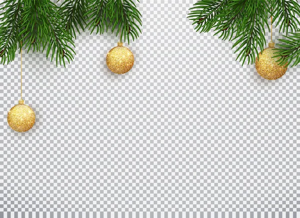 Fundo de férias de inverno. Fronteira com galhos de árvore de Natal e ornamentos isolados em branco. Ilustração vetorial do Natal 10 EPS — Vetor de Stock