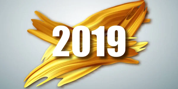 Gold 2019 Glückwunschkarte für das neue Jahr. Banner mit Zahlen für 2019. Vektor Silvester Illustration. Gold Acryl Pinselstriche. Vektorabbildung eps10. — Stockvektor