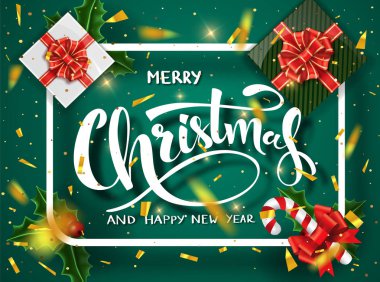 Noel yeşil tasarım vektör şablonu. Kaligrafi mutlu Noeller yazı dekore edilmiştir. Noel poster şablonu. Vektör çizim Eps10