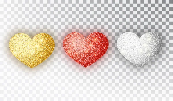 Καρδιές glitter σετ υφών. Κόκκινο, χρυσό, ασημί καρδιές απομονωμένες. Σύμβολο αγάπη καρδιά σχήμα απομονωμένη. Διανυσματικό αντικείμενο για ημέρα του Αγίου Βαλεντίνου s ημέρα σχέδιο, κοροϊδεύω. Διανυσματικό αντικείμενο ρεαλιστική απεικόνιση 10 Eps. — Διανυσματικό Αρχείο