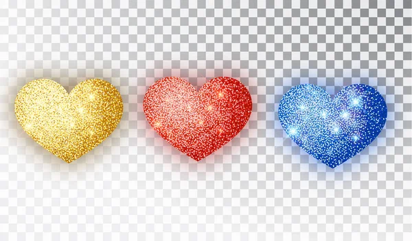Καρδιές glitter σετ υφών. Κόκκινο, χρυσό, μπλε καρδιές απομονωμένες. Σύμβολο αγάπη καρδιά σχήμα απομονωμένη. Διανυσματικό αντικείμενο για ημέρα του Αγίου Βαλεντίνου s ημέρα σχέδιο, κοροϊδεύω. Διανυσματικό αντικείμενο ρεαλιστική απεικόνιση 10 Eps. — Διανυσματικό Αρχείο