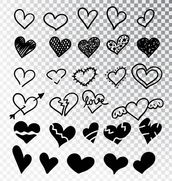 Herzen handgezeichnet Set isoliert. Designelemente für den Valentinstag. Sammlung von Skizzenherzen, handgezeichnet mit Tinte. Vektor Abbildung 10 eps — Stockvektor