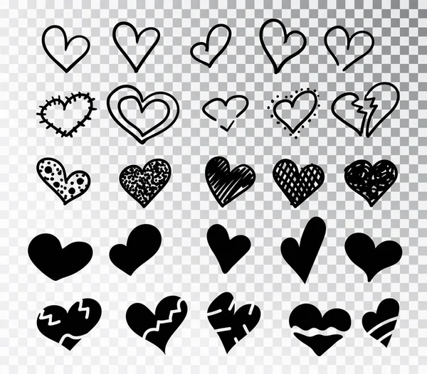 Corações desenhados à mão conjunto isolado. Elementos de design para o dia dos namorados. Coleção de doodle corações esboço mão desenhada com tinta. Ilustração vetorial 10 EPS — Vetor de Stock