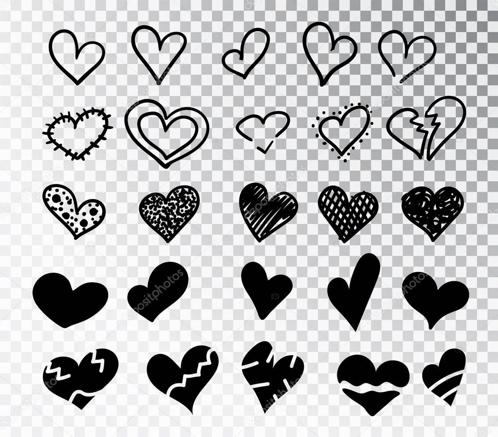 Hearts hand drawn set isolated. Design elements for Valentine s day. Collection of doodle sketch hearts hand drawn with ink. Vector illustration 10 EPS