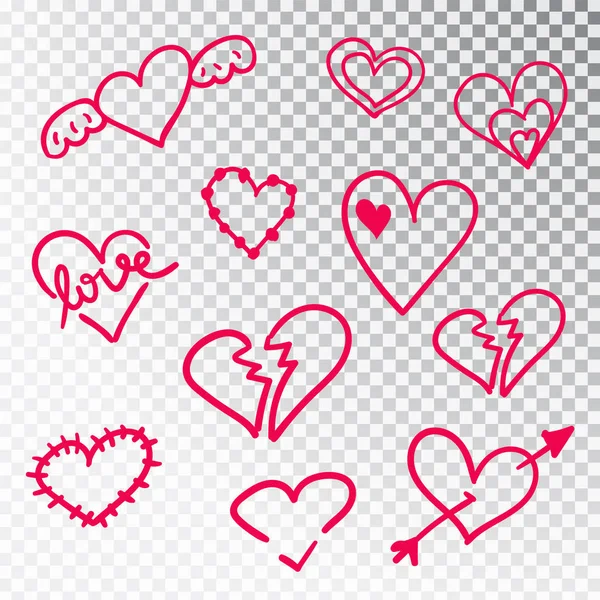 Corações desenhados à mão conjunto isolado. Elementos de design para o dia dos namorados. Coleção de doodle corações esboço mão desenhada com tinta. Ilustração vetorial 10 EPS —  Vetores de Stock