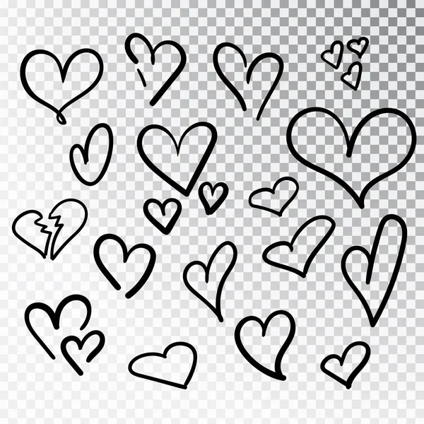 Hjärtan hand dras in isolerade. Designelement för alla hjärtans dag. Samling av doodle skiss hjärtan hand dras med bläck. Vektor illustration 10 Eps — Stock vektor