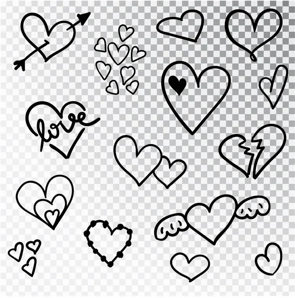 Harten hand getrokken instellen geïsoleerde Designelementen voor de dag van de Valentijnskaart-s. Collectie van doodle schets harten hand getrokken met inkt. Vector illustratie 10 Eps — Stockvector