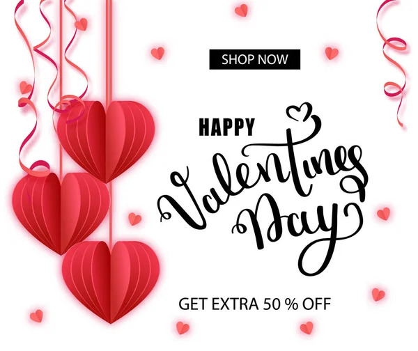Valentine s day Sale. Offer, banner template. Red heart in paper cut style on white background. Space for Text. Shop market poster design. Romantic Holidays. Love. 14 February. - Vector. — Stock Vector