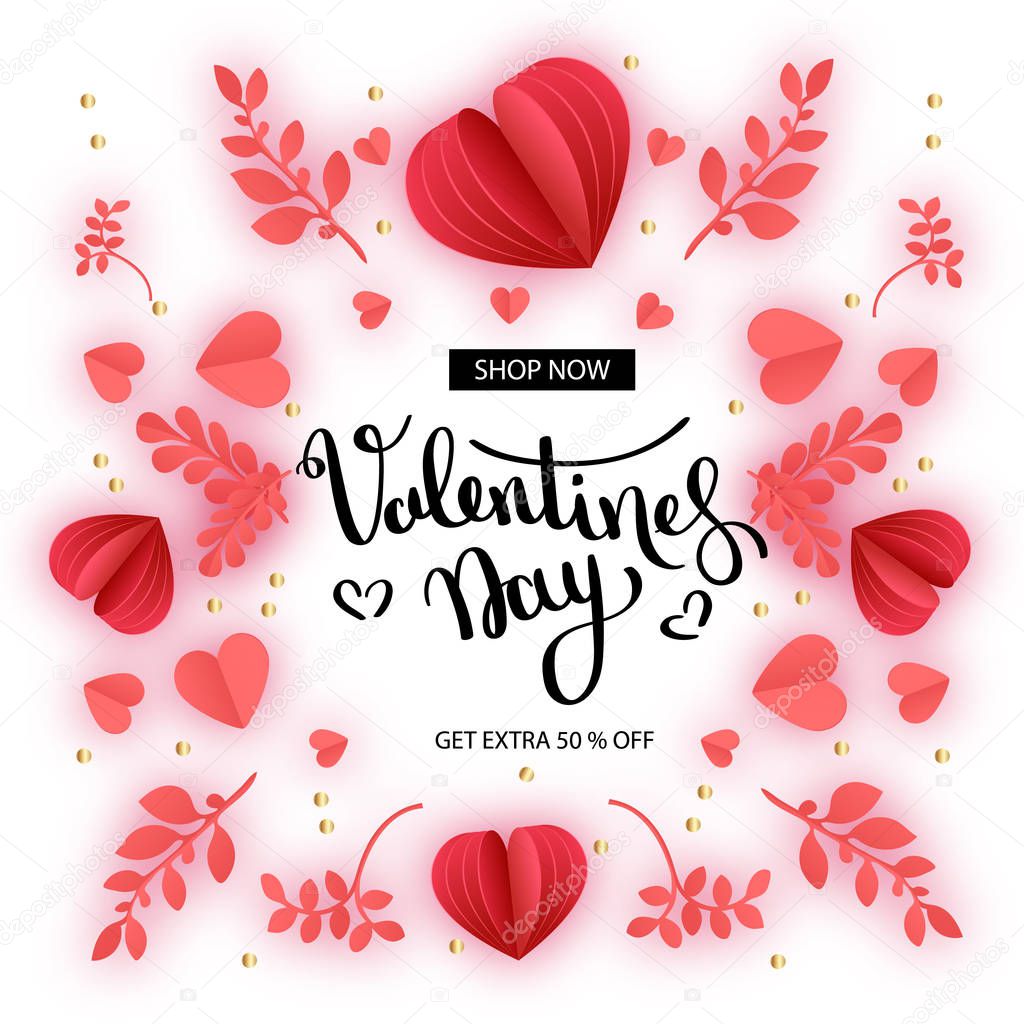 Valentine s day Sale. Offer, banner template. Red heart in paper cut style on white background. Space for Text. Shop market poster design. Romantic Holidays. Love. 14 February. - Vector.