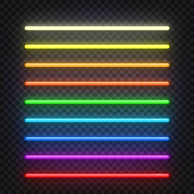 Neon Fırçalar ayarlayın. Koyu arka plan üzerinde renkli ışık nesneleri kümesi. Neon ışık işareti. Çok renkli parlak ve parlak neon etkisi
