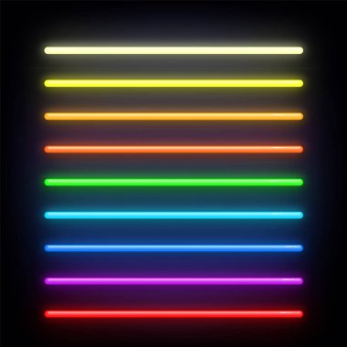 Neon Fırçalar ayarlayın. Koyu arka plan üzerinde renkli ışık nesneleri kümesi. Neon ışık işareti. Çok renkli parlak ve parlak neon etkisi