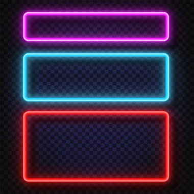 Neon ışık kümesi afiş. Vektör Neon ışık çerçeve işareti. Gerçekçi parlak neon çerçeveleri üzerinde şeffaf arka plan izole. Parlak ve parlak neon etkisi. Yazıtlar için bir yer ile plakalar