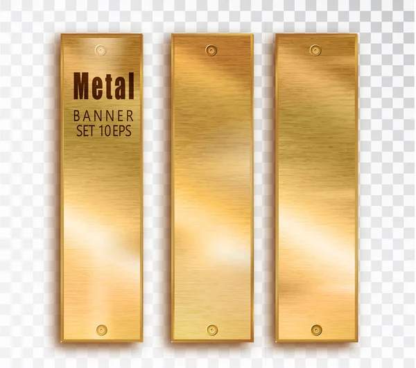 Las pancartas verticales de metal dorado son realistas. Vector Placas cepilladas de metal con un lugar para inscripciones aisladas sobre fondo transparente. Diseño 3D realista. Fondo de acero inoxidable . — Vector de stock