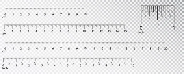 Linialen Inch en metrische heersers. Meetinstrument. Centimeters en inches schaal cm statistieken indicator te meten. Schaal voor een liniaal in inches en centimeters. Meten van schalen. — Stockvector