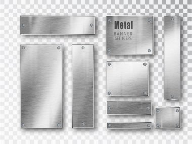 Metal pankartlar gerçekçi. Şeffaf arkaplanda izole edilmiş yazıtlar için yeri olan vektör metali fırçalanmış plakalar. Gerçekçi 3 boyutlu tasarım. Paslanmaz çelik arka plan.