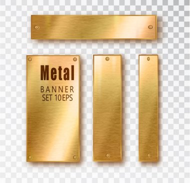 Metal altın dikey afiş gerçekçi ayarlayın. Vektör Metal yazıtlar üzerinde şeffaf arka plan izole bir yer ile plakalar fırçaladı. Gerçekçi 3d tasarım. Paslanmaz çelik arka plan.