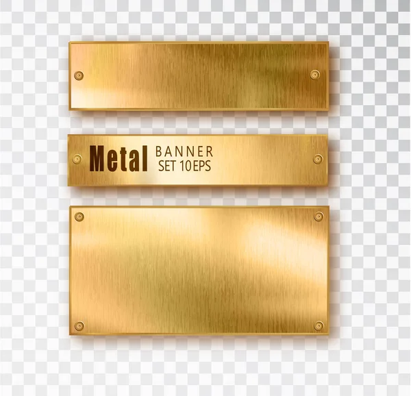 Las pancartas de metal dorado son realistas. Vector Placas cepilladas de metal con un lugar para inscripciones aisladas sobre fondo transparente. Diseño 3D realista. Fondo de acero inoxidable . — Vector de stock