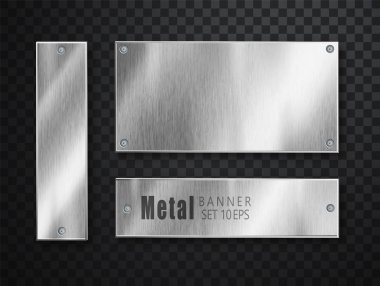 Metal pankartlar gerçekçi. Şeffaf arkaplanda izole edilmiş yazıtlar için yeri olan vektör metali fırçalanmış plakalar. Gerçekçi 3 boyutlu tasarım. Paslanmaz çelik arka plan.