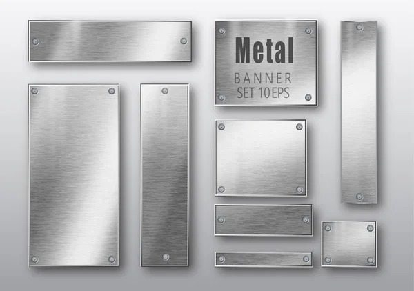 Metal banners set realistic. Vector Metal brushed plates with a place for inscriptions isolated on transparent background. Realistic 3D design. Stainless steel background. — Stock Vector