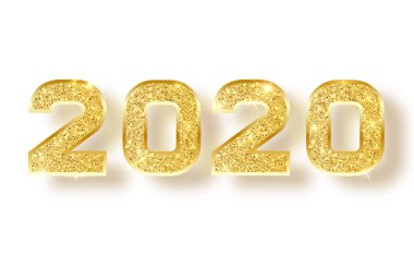 2020 glitter tipografi tasarımı. Altın parlak numaraları tasarımı tebrik kartı mutlu yeni yıl tasarım. Altın parlayan desen. Happy New Year Banner 2020 numaraları ile. Vektör çizim