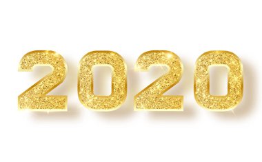 2020 glitter tipografi tasarımı. Altın parlak numaraları tasarımı tebrik kartı mutlu yeni yıl tasarım. Altın parlayan desen. Happy New Year Banner 2020 numaraları ile. Vektör çizim