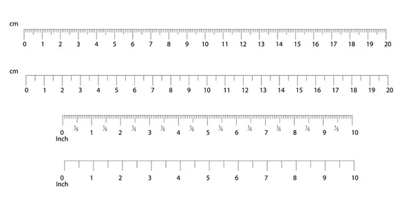 Zoll und metrische Lineale. Zentimeter und Zoll Messskala cm Metriken Indikator. Präzisionsmesszentimeter-Symbolwerkzeuge der Maßgrößenanzeige-Lineal-Werkzeuge. Vektor isoliert. — Stockvektor