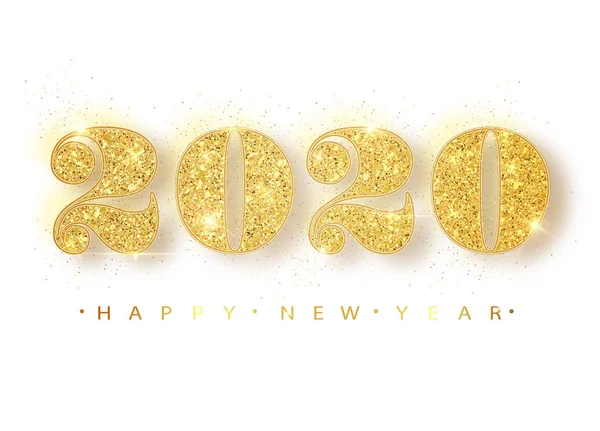 2020 gott nytt år. Guld nummer Design av gratulationskort. Guld glänsande mönster. Gott nytt år Banner med 2020 nummer på ljus bakgrund. Vektorillustration. — Stock vektor