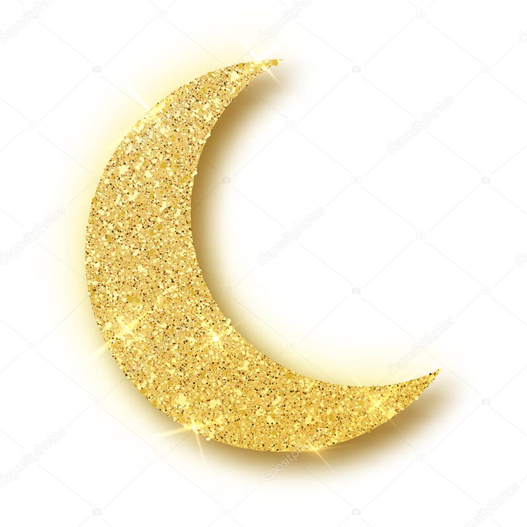 Crescent Islamic for Ramadan Kareem design element isolated. Gold glitter moon vector icon of Crescent Islamic isolated. Luxury gold crescent, half moon gold glittering confetti particles background