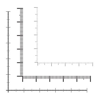 Köşe cetveli vektörü. Ölçü ölçekleri. Mackup cetveller için. Boyut göstergeleri arka planda yalıtılmış olarak ayarlanır. Birim mesafeler. Kavram grafik öğesi
