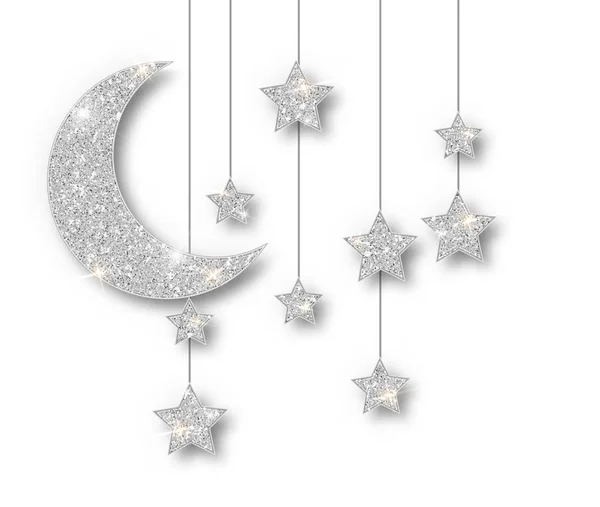 Ramazan gümüş dekorasyon beyaz arka plan üzerinde izole. Asma Hilal İslam glitter yıldız. Ramazan Kareem tasarım elemanı izole. Parti posterleri, başlıklar, afişler için vektör çerçevesi. — Stok Vektör