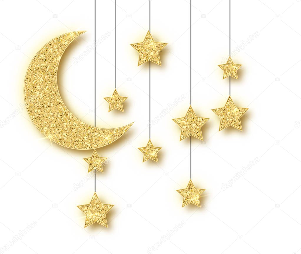 Ramadan golden decoration isolated on white background. Hanging Crescent Islamic glitter stars. Ramadan Kareem design element isolated. Vector frame for party posters, headers, banners