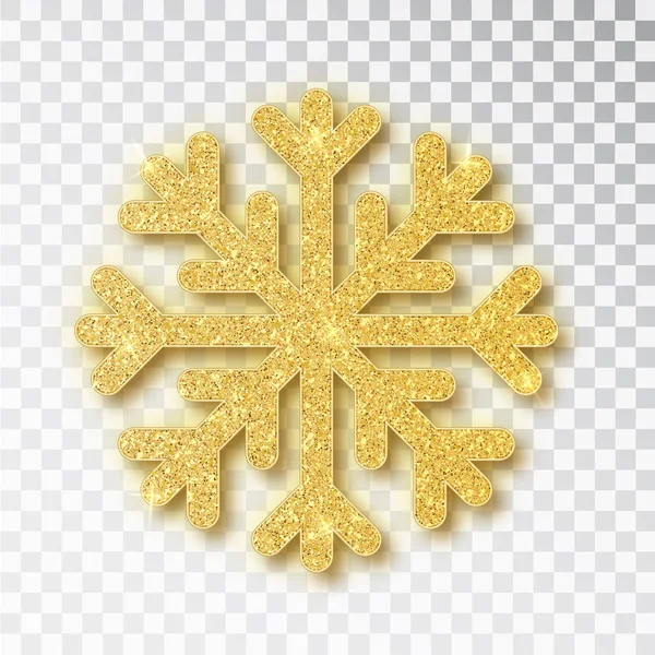 Рождественское убранство, золотая снежинка покрыты ярким блеском, на прозрачном фоне. Рождественский орнамент золотой снег с яркими блестками — стоковый вектор